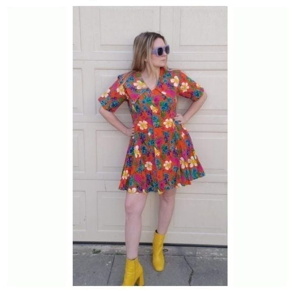 Vintage Tropical Women's Watermelon Floral Print Mini Dress Orange/Pink Size M