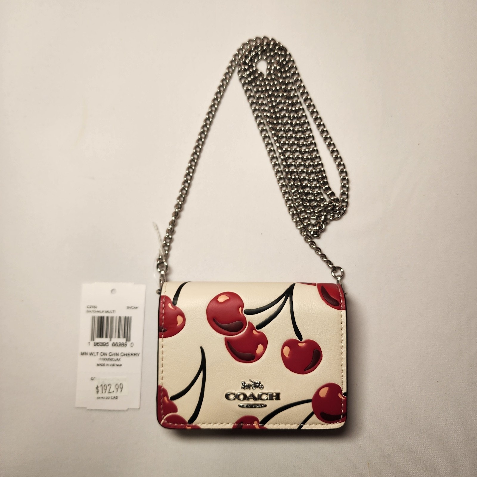 NWT Coach CZ759 Mini Wallet On a Chain Chalk Leather w/Cherry Print
