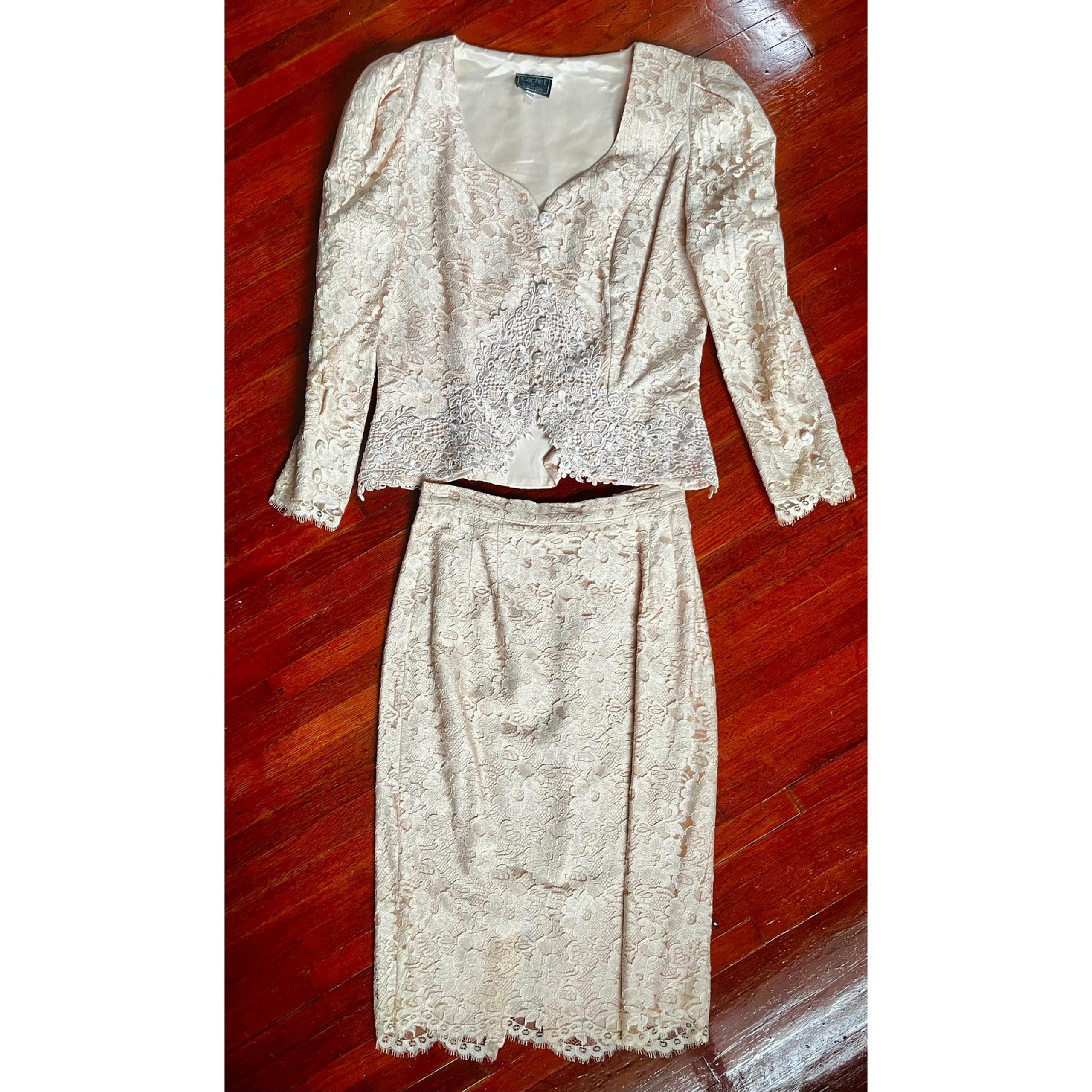 Vintage 80s Cachet Bari Peach Elegant Lace Pencil Skirt Blazer Jacket Set Medium