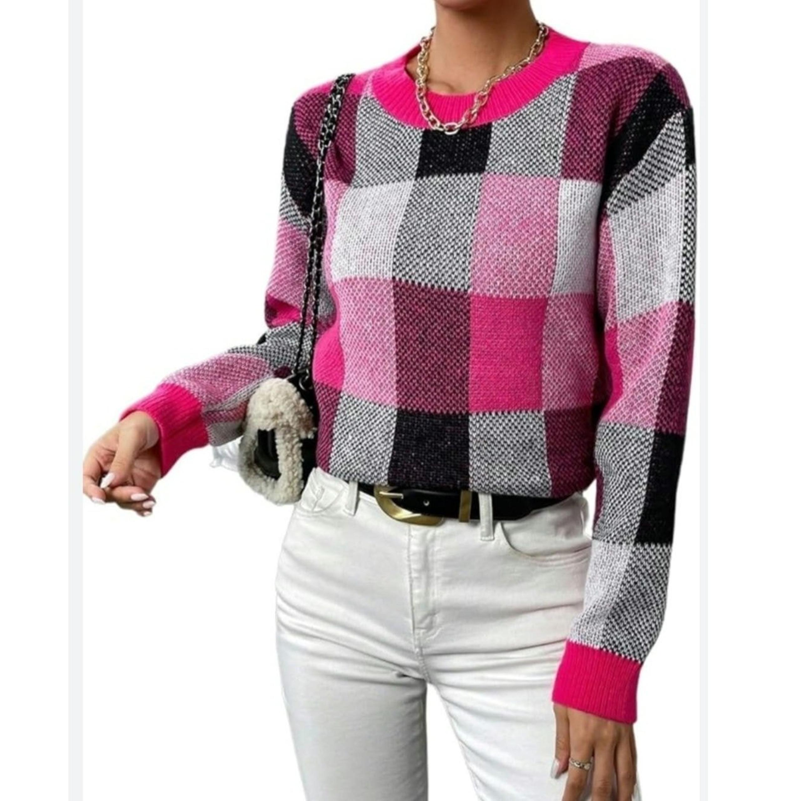 Tahari Black and Pink Plaid Mock Neck Color Block Check Soft Sweater