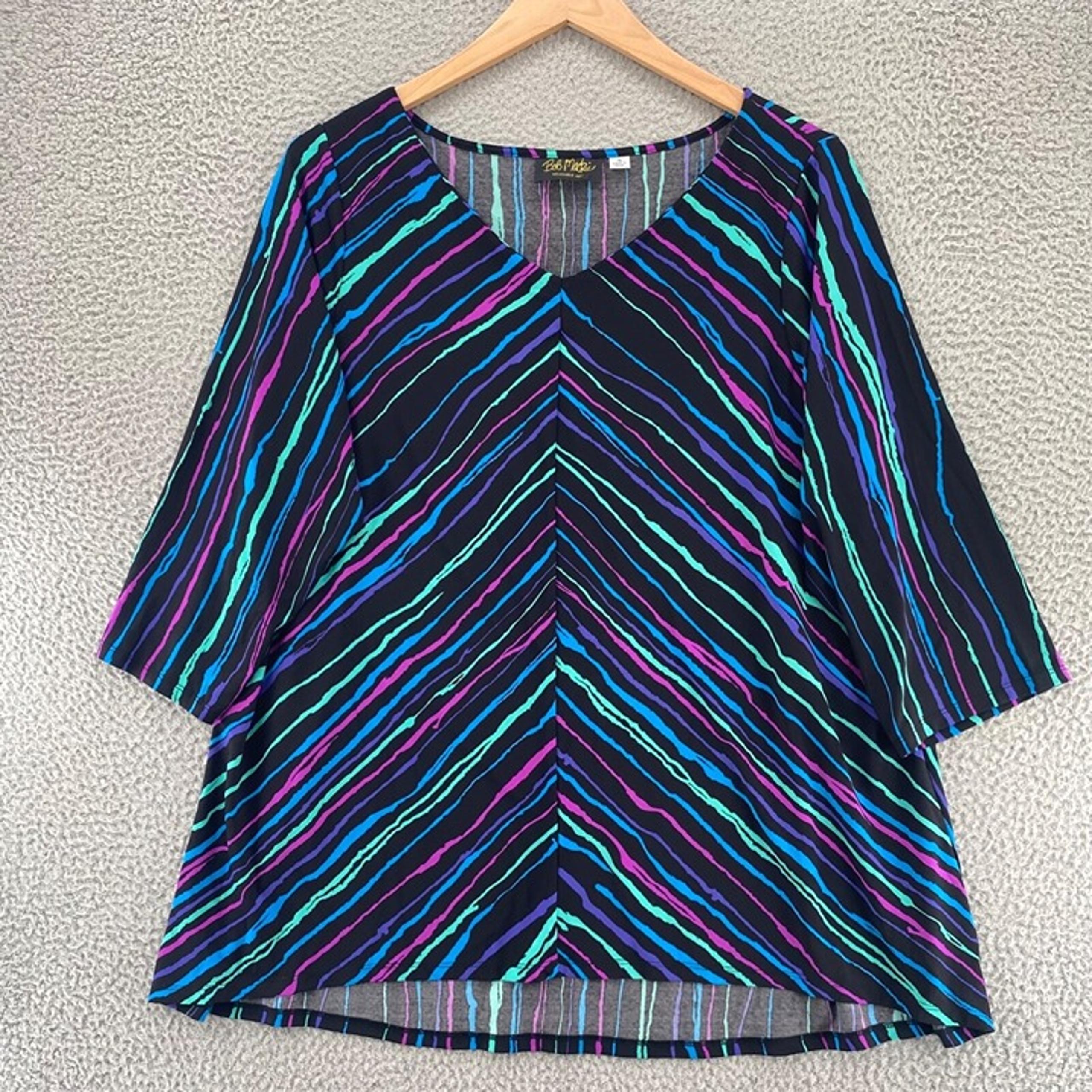 Bob Mackie Top Womens 1X Plus Blue Multi Striped High Low Stretch 3/4 Sleeve Art