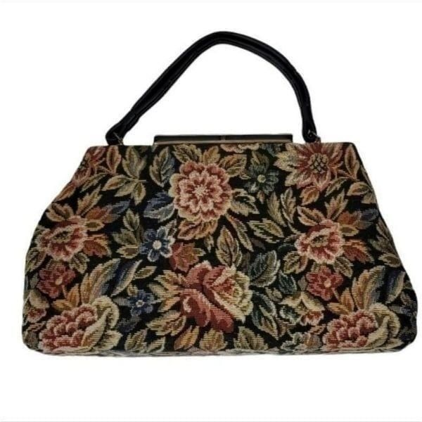 Vintage 50s Dover Floral Tapestry Needlepoint Carpet Bag Trapeziod Purse