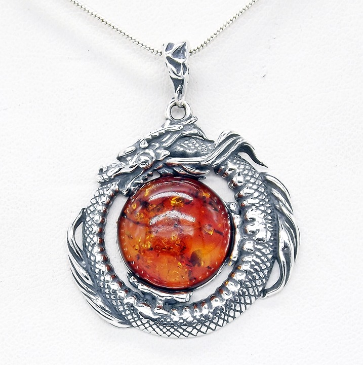 Cognac Amber Sterling Silver Ouroboros Dragon Pendant w/ Silver Chain