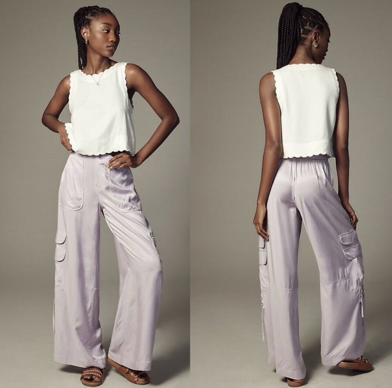 By Anthropologie Palazzo Utility Pants Cargo Wide Leg Lilac Purple Pull On Sz 10