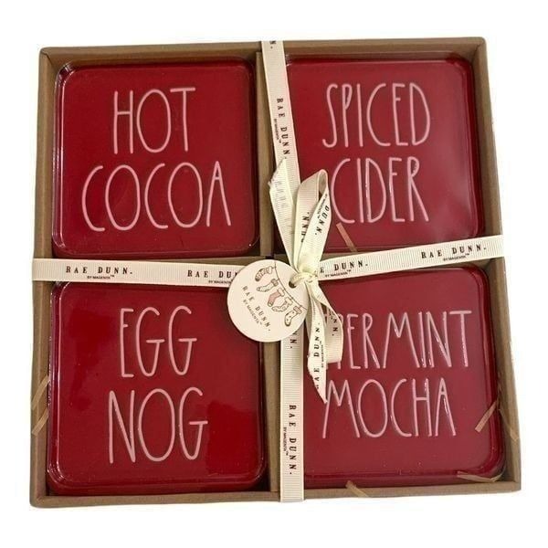 Rae Dunn Christmas Coasters Hot Cocoa, Egg Nog,Peppermint Mocha, Spice Cider