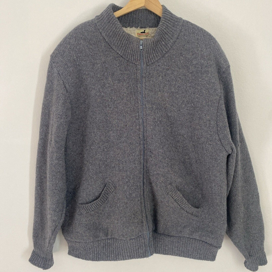 Vtg Winona Knits Full Zip Cardigan Grey Wool Sherpa Lined Grampa-core Sweater 2X