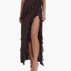 House of cb Ariela ruffle side slit gown coffee