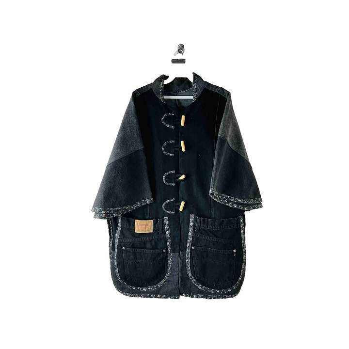 VTG Y2K Womens Large Custom Toggle Baggy Denim Jean Trench Coat Black Grunge