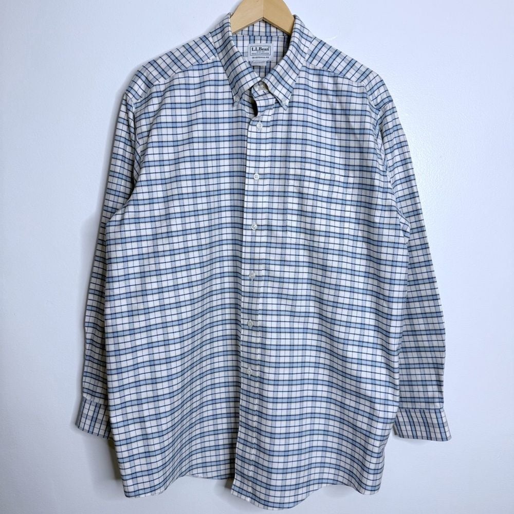 NWOT L.L Bean Men's Traditional Fit Plaid Button Down Shirt White/Blue 17-34