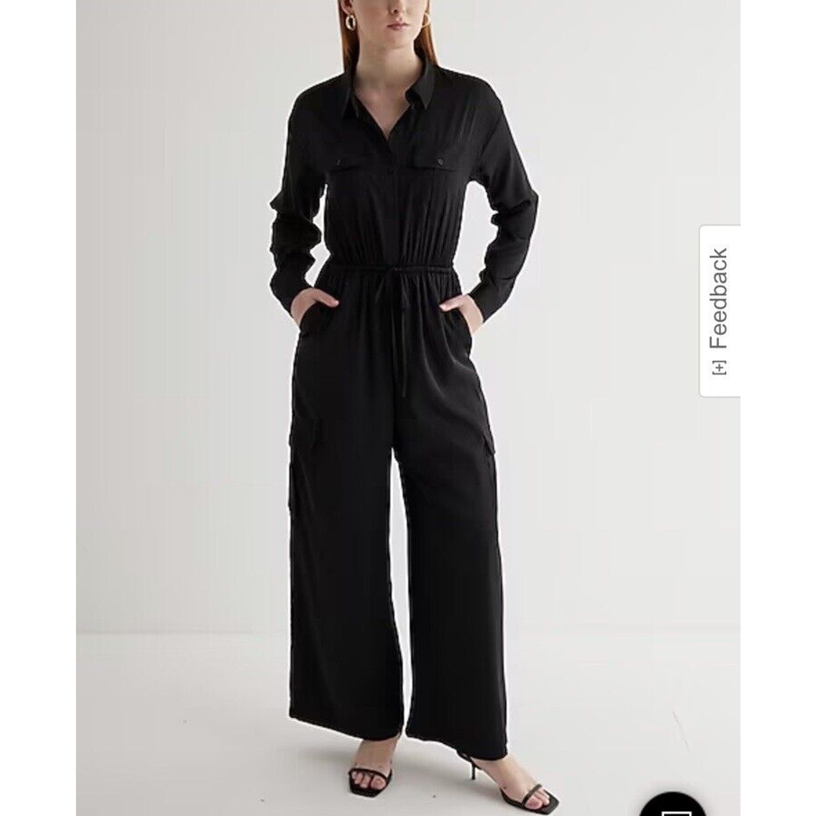 Express Black Long Sleeve Button Tie Front Waist Cargo Wide Leg Jumpsuit Size XS