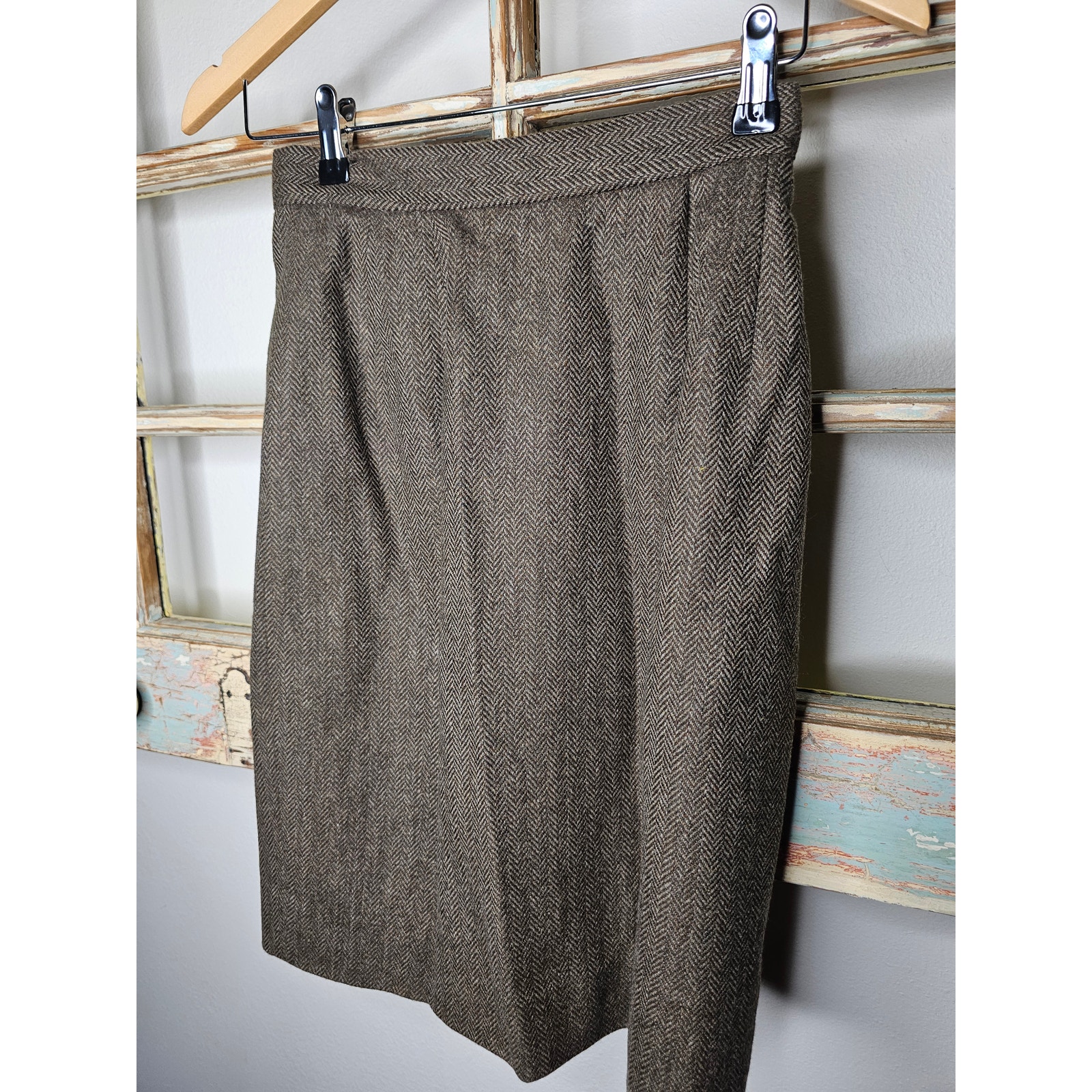 Vintage Ralph Lauren Purple Lable Brown Wool Herringbone Pencil Skirt Size 4