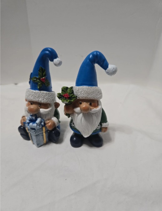 Sky Blue Hat Festive Holiday Gnome Set of Two Miniature Christmas Figurines