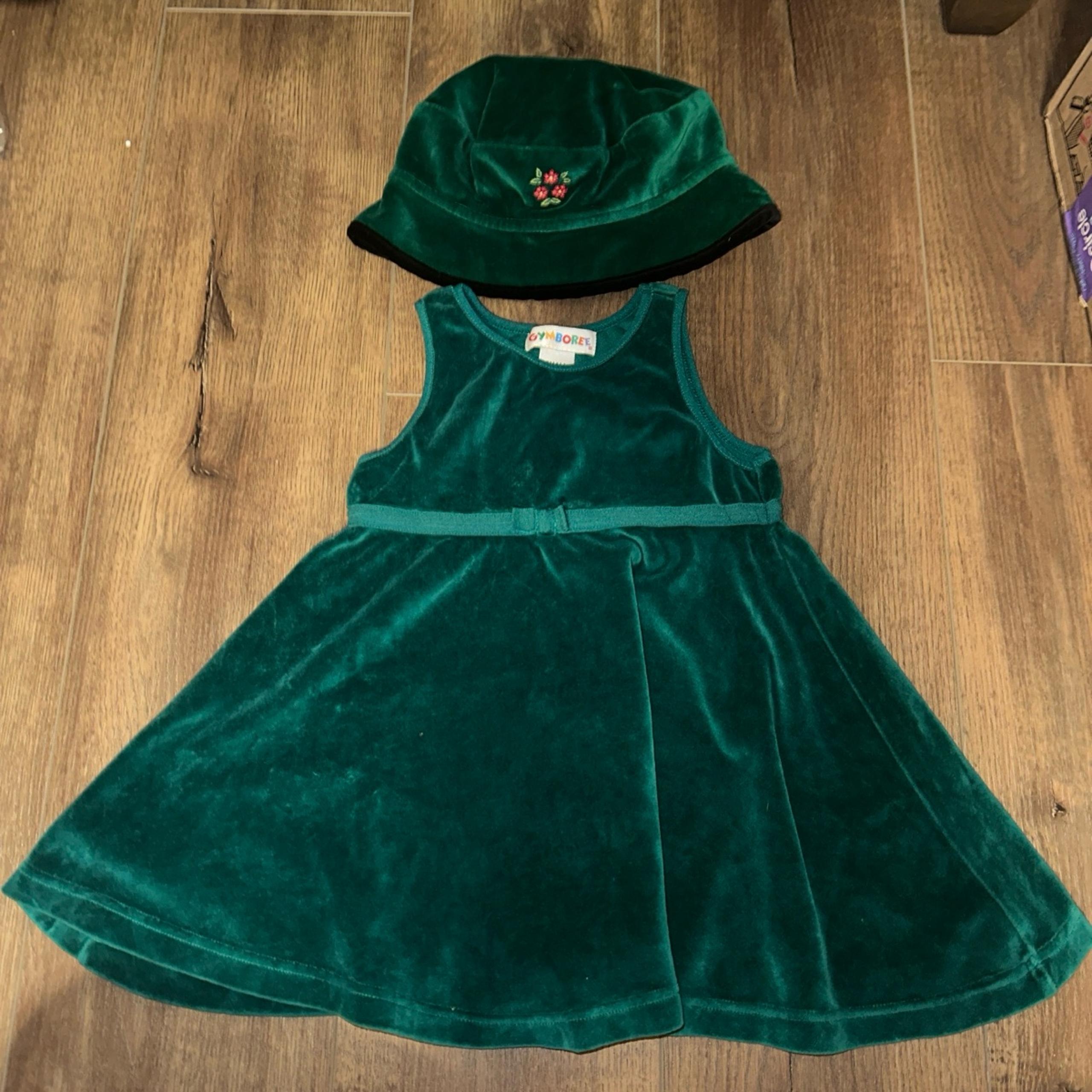 Vintage Gymboree Green Velour Dress with Green Velour Floral Hat - Size Small