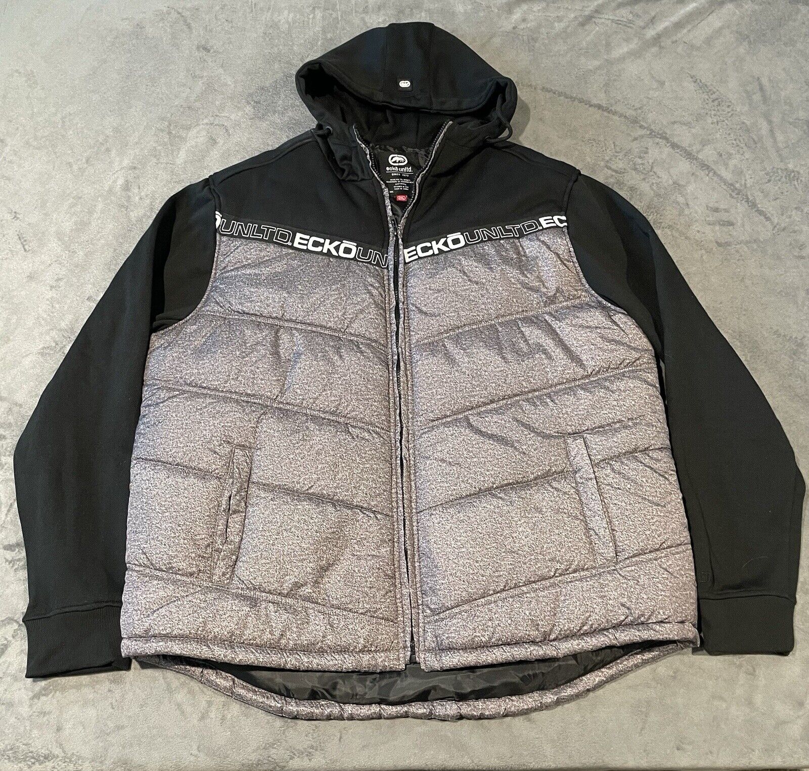 ECKO UNLTD Jacket 2XL Black Colorblock Hooded Puffer Full Zip Y2K Style Skate