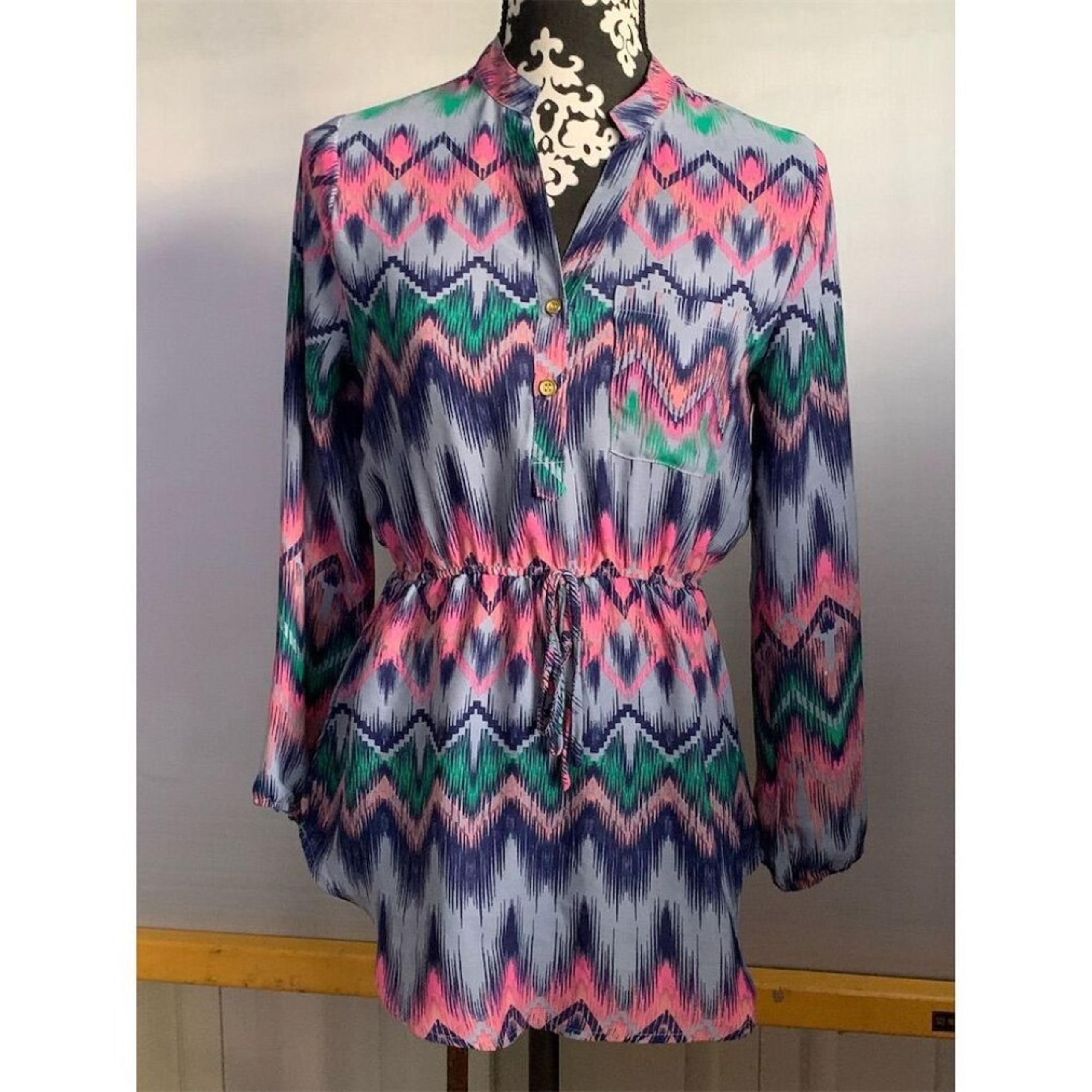 D12/Rue21 Women's Chevron Puff Sleeve Blouse Small Multicolor Long Sleeve Button