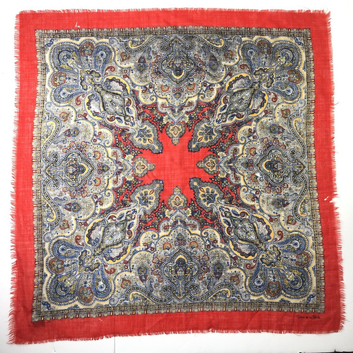 VTG worned Japan Oscar de la Renta Street Scarf Red Blue 100% Wool Square Fringe