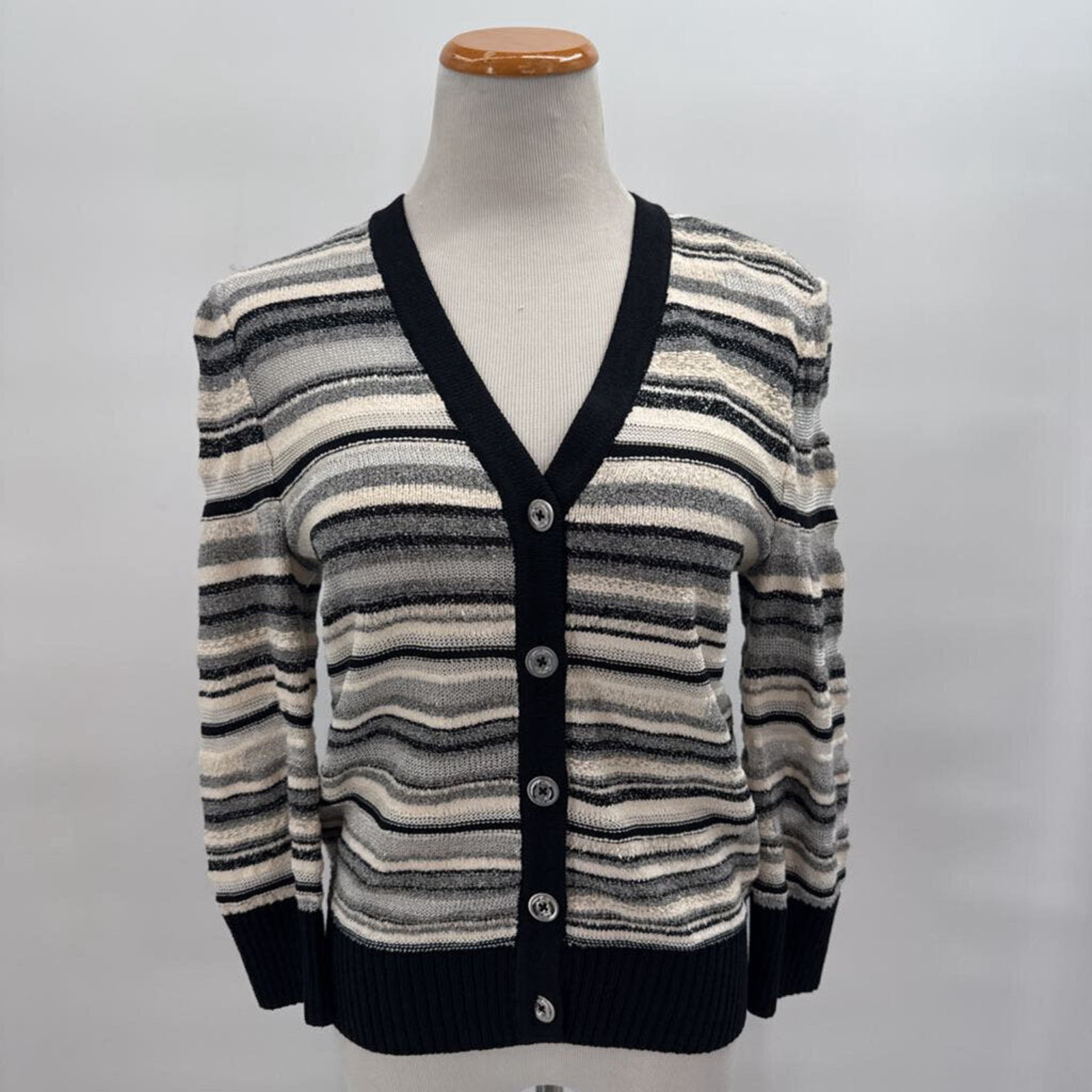 Women's St John Striped Metallic Cardigan Black White Silver Sweater XS