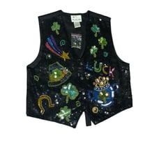 Quacker Factory Sz M Sequin LUCKY IRISH Vest Waistcoat Gillet Jacket