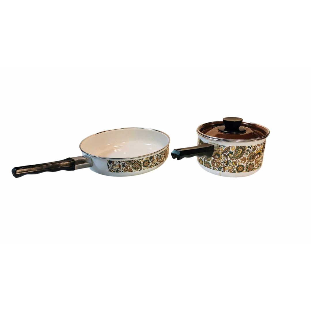 Vintage Fancipan 2 PC Green Yellow Paisley Porcelain Enamel Skillet SaucePan 70s