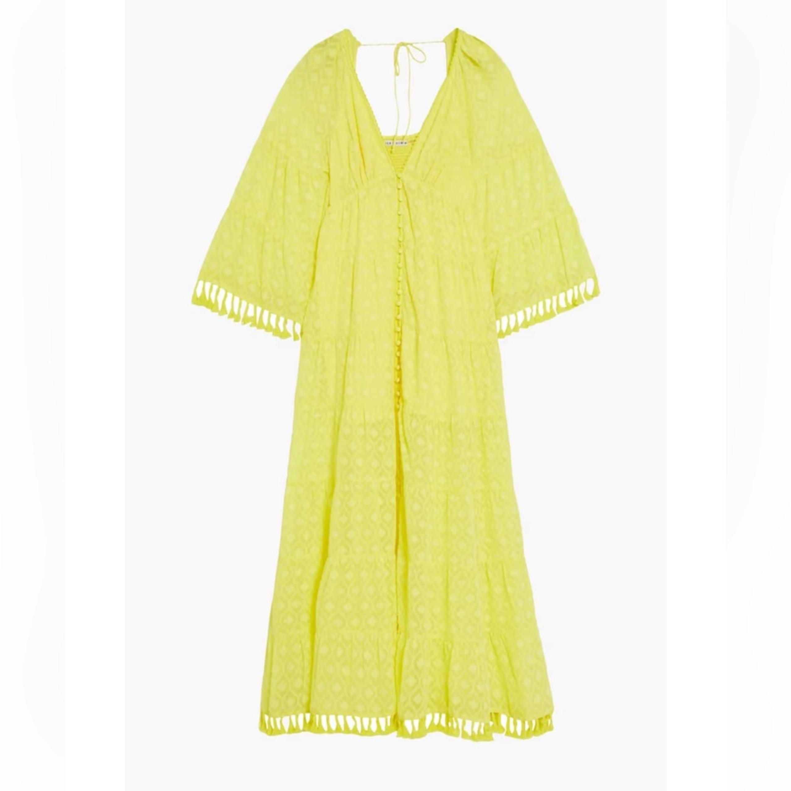NWT ALICE + OLIVIA Alexandria tasseled fil coupé chiffon maxi dress yellow 0/XS