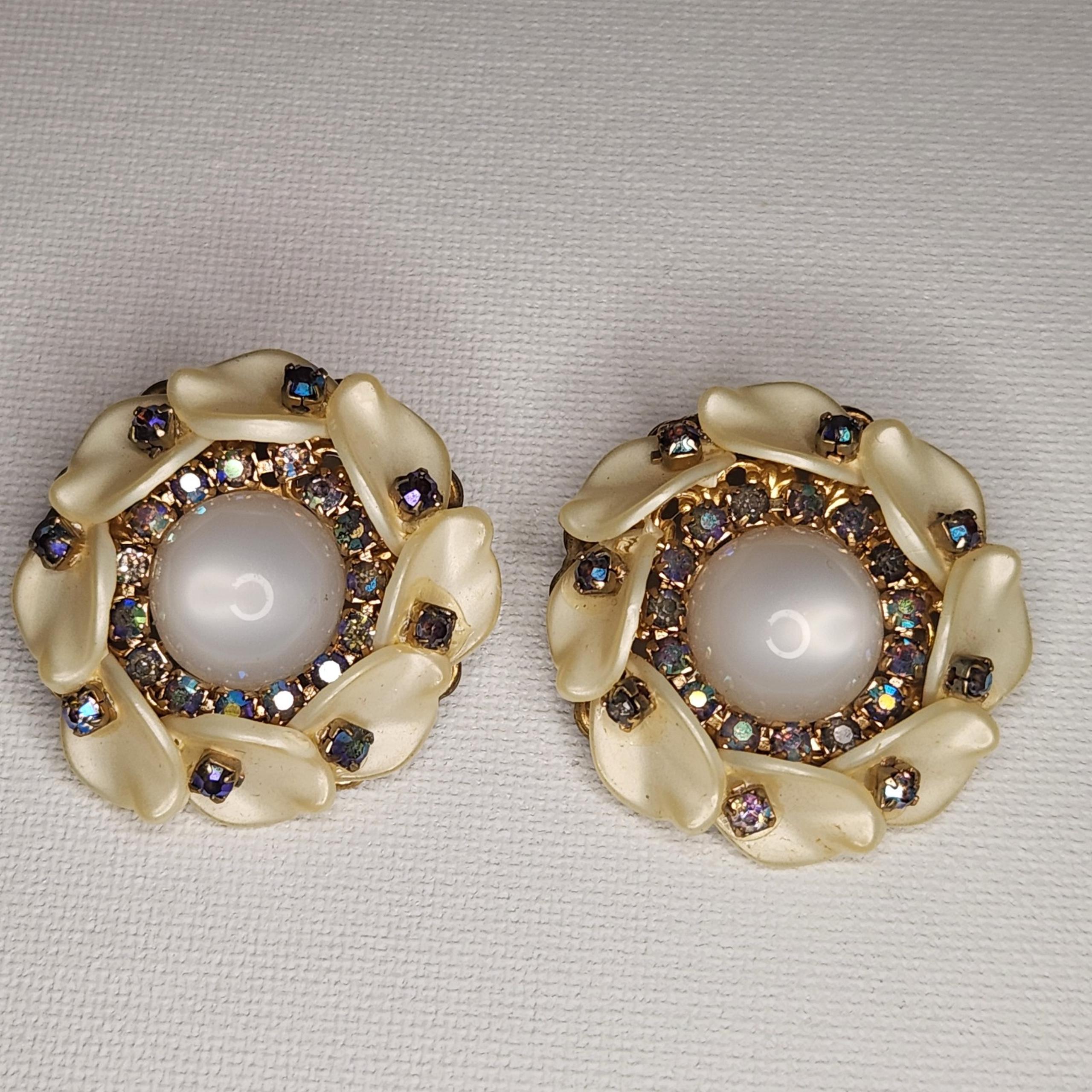Vtg Lucite Moon Glow AB Rhinestone Cluster Clip On 50s 60s Statement Earrings