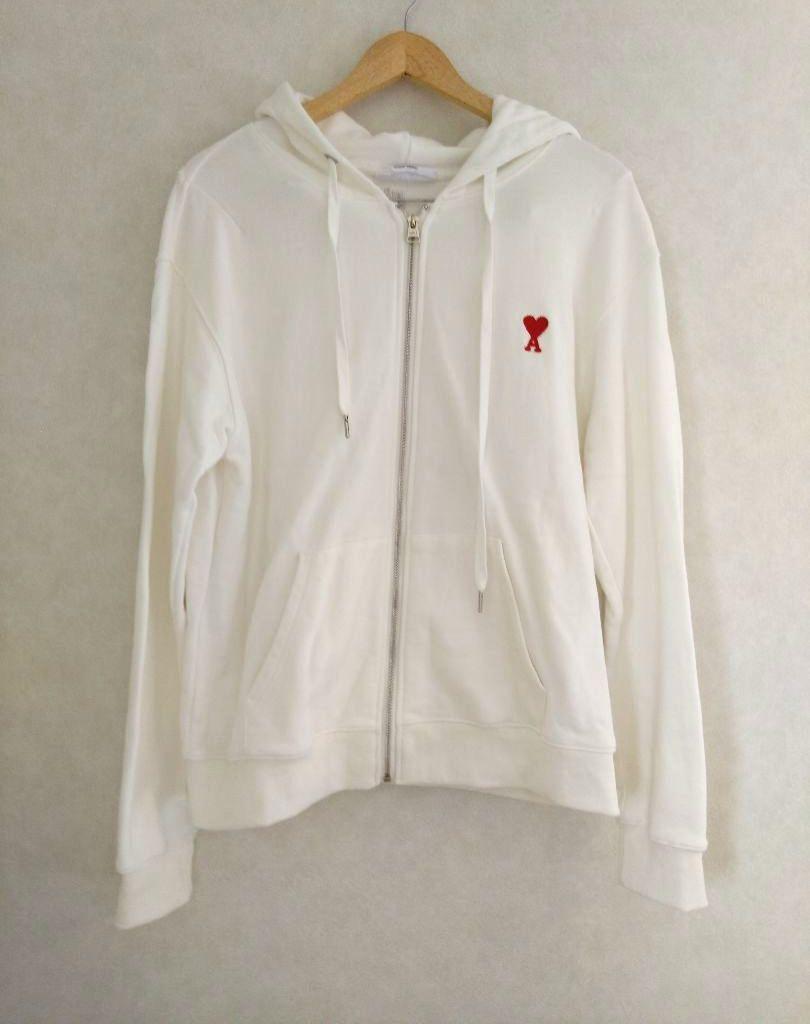 Ami Paris White Hoodie with Heart Logo and Zip Closure Ami Paris White Hoodie with Heart Logo and Zip Closure