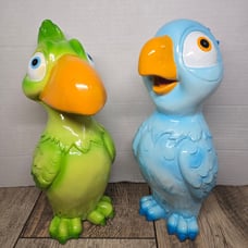2 Polyresin Exhart Blue &Green Parrot Birds Tropical Figurine Statues