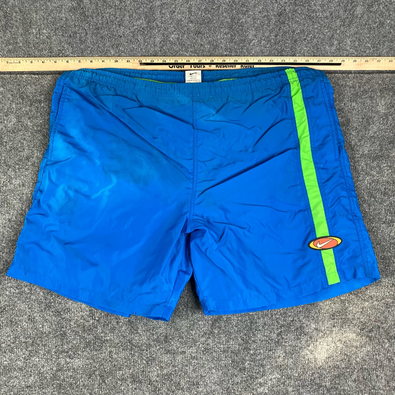 Nike Men's Blue Swim Trunks XL Green Stripe Vintage Logo Athletic Wear