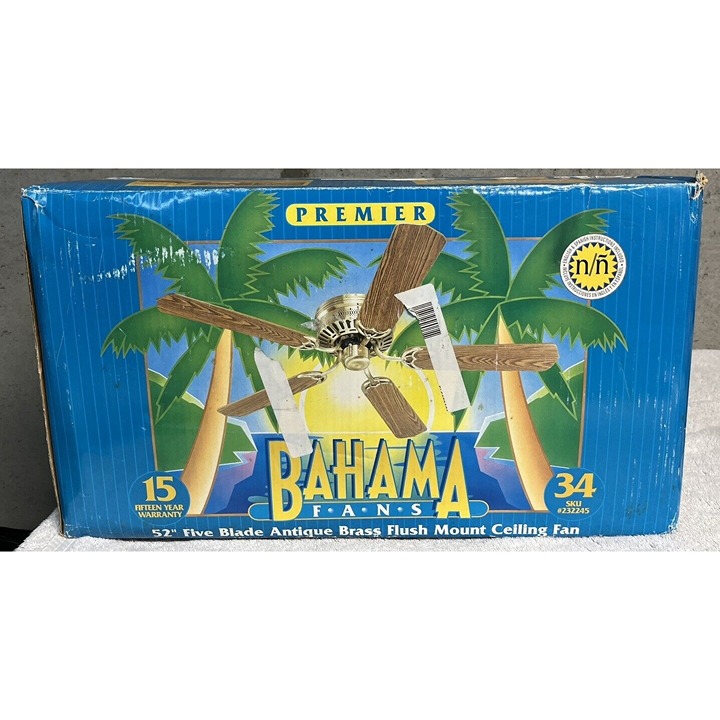 Vintage BAHAMA Fans 52 Five Blade 3-Speed Antique Brass Flush Mount Ceiling Fan