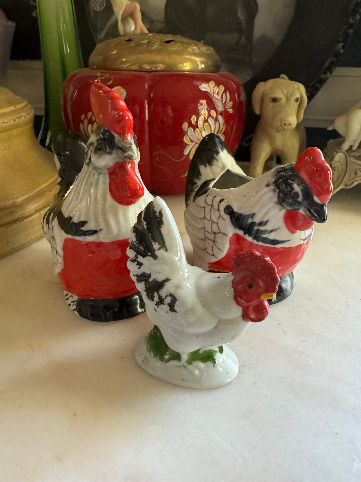 Vintage Rooster and Chicken Planters w/1 Small Chicken Figurine