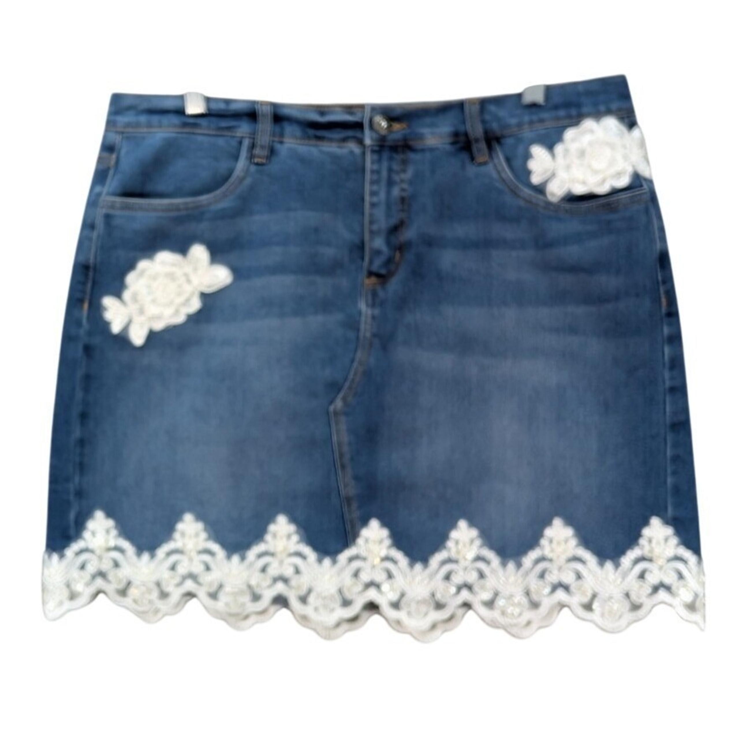 Venus Women's Denim White Lace Trim Mini Skirt Size 14 Blue Denim Stretch Y2K