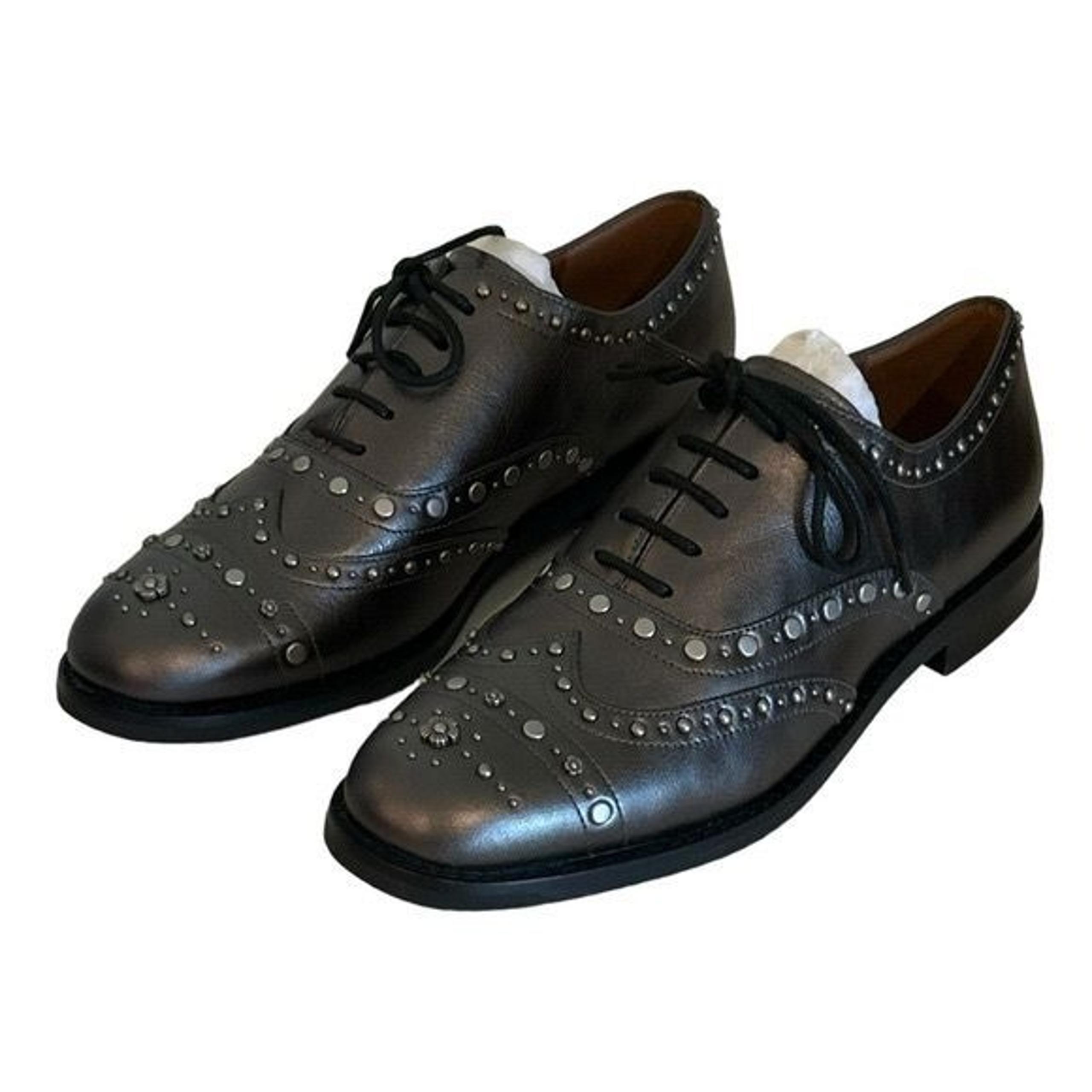 Coach Tegan Oxford Black Leather Tea Rose Studs Lace Up Shoes Size 5 NWOT