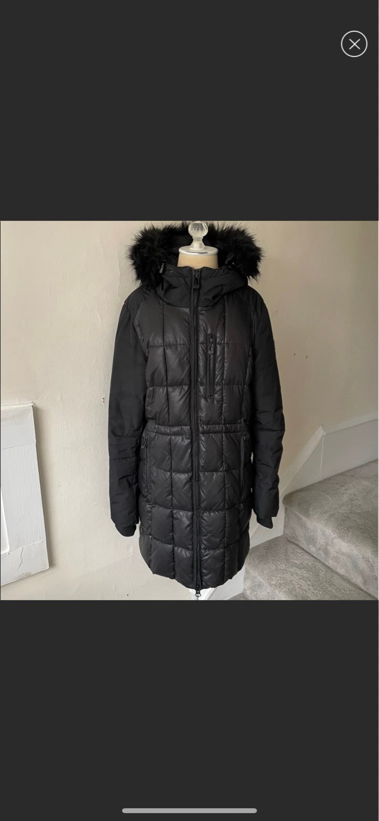 NOIZE Vegan Quilted Faux Fur Trim Black Parka Puffer Coat EUC Size Medium