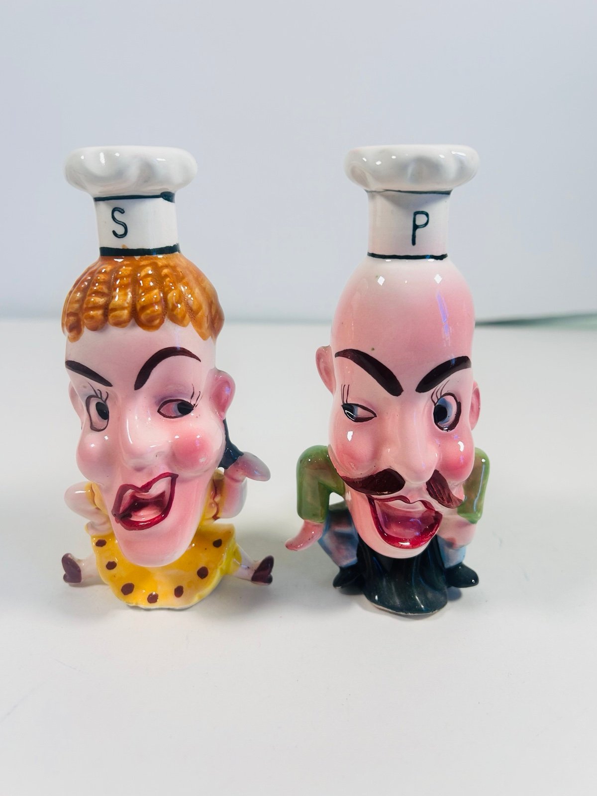 Vintage Japan Salt and Pepper Shakers Chefs Male & Female Caricature Face Kitch