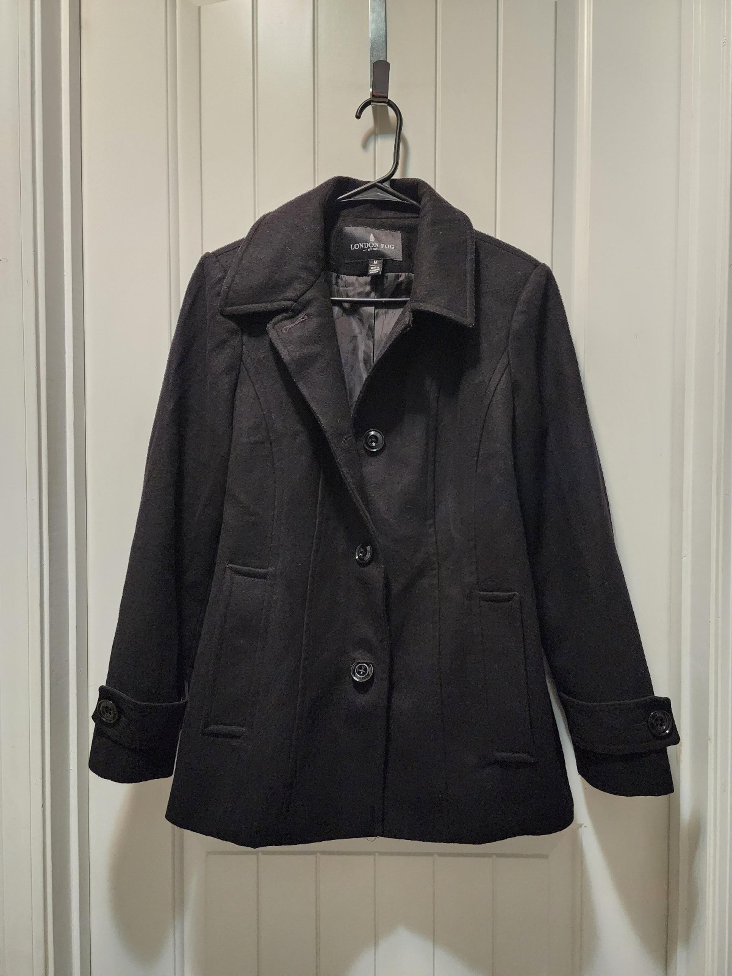 Women’s London Fog Wool Blend Pea Coat In Size M Dark Black & 58% Wool  Jacket