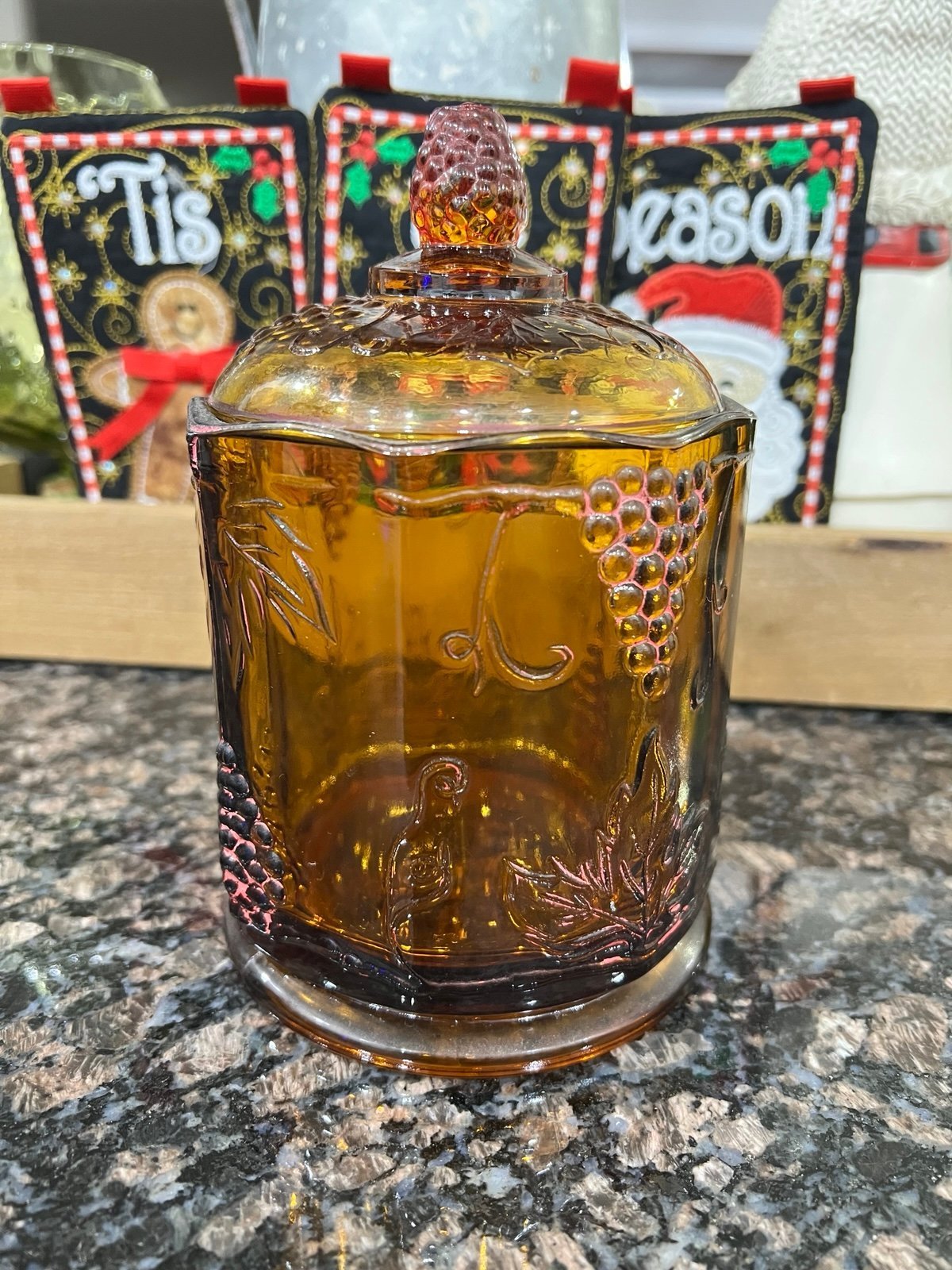 VTG- Indiana CarnivalGlass Iridescent Marigold Harvest Grape Canister w/ Lid