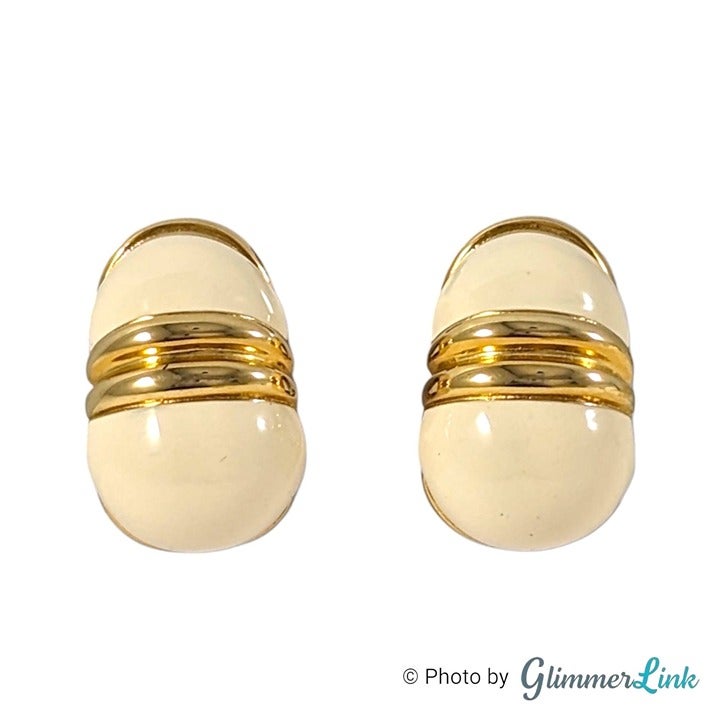 VTG Erwin Pearl Dome Half Hoop Ivory Enamel Chunky Gold Tone Clip On Earrings