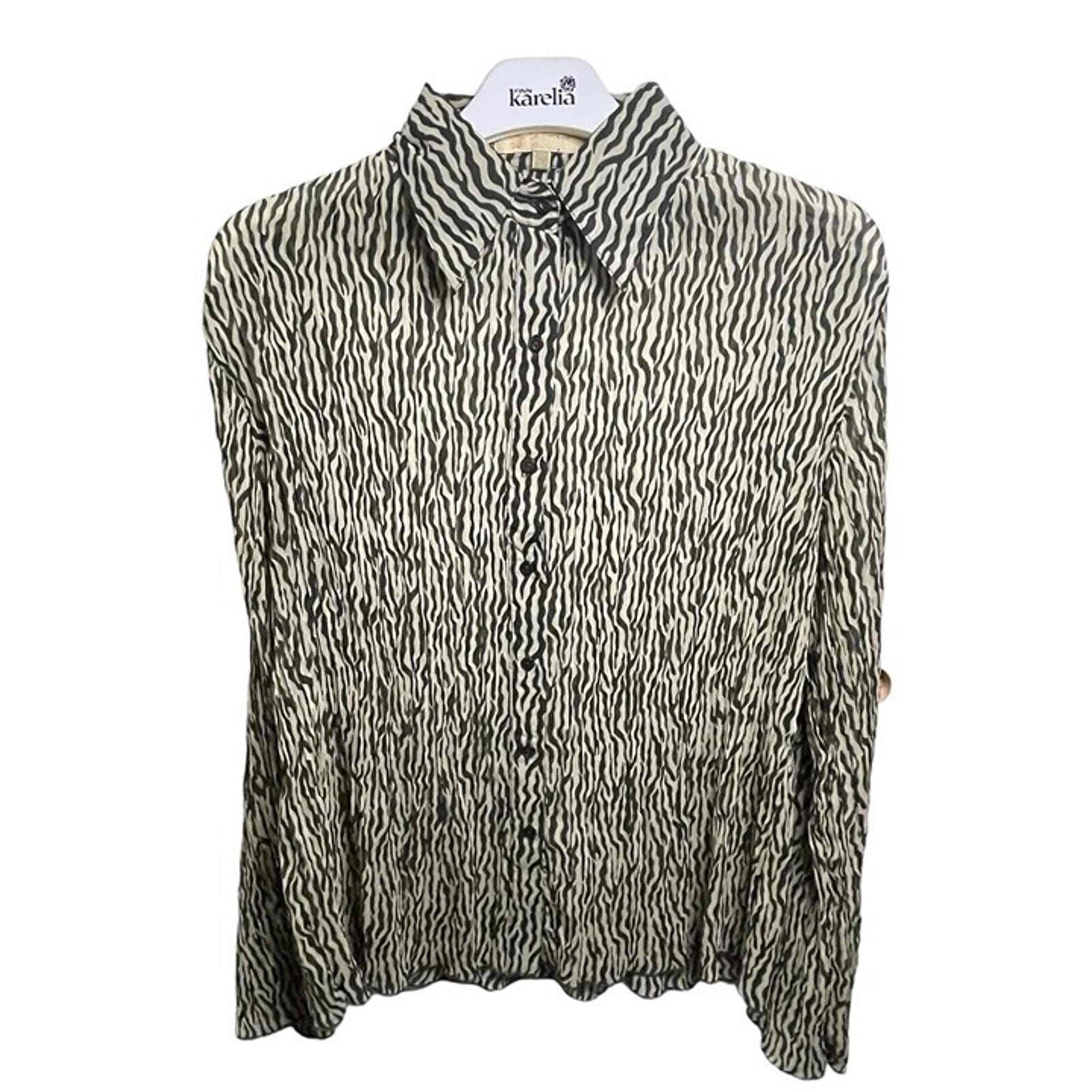 Cathaya Womens Pleated Zebra Print Button-Up Blouse with Flared Sleeves Large