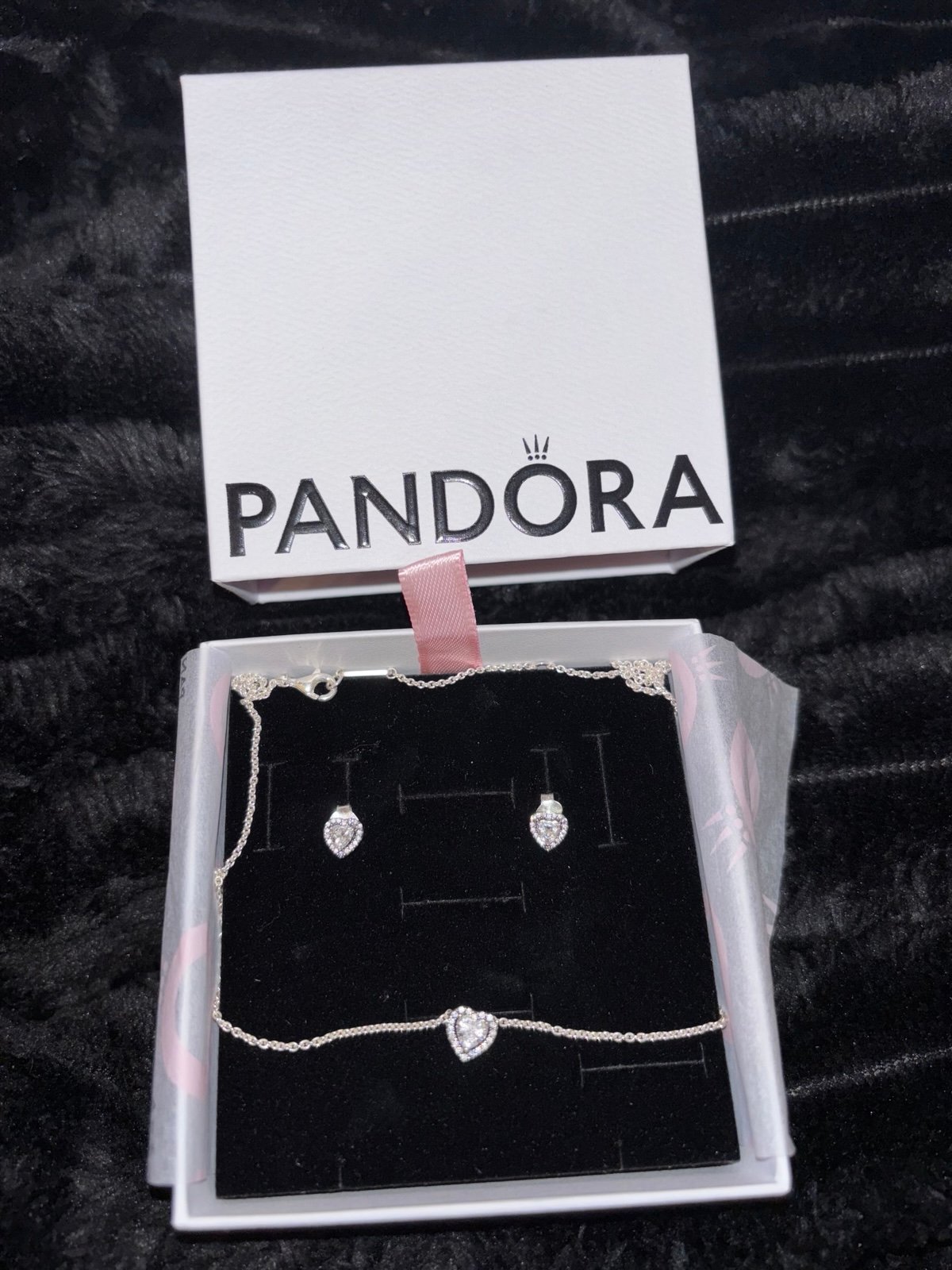 Pandora Silver Heart earrings + necklace set + heart ring