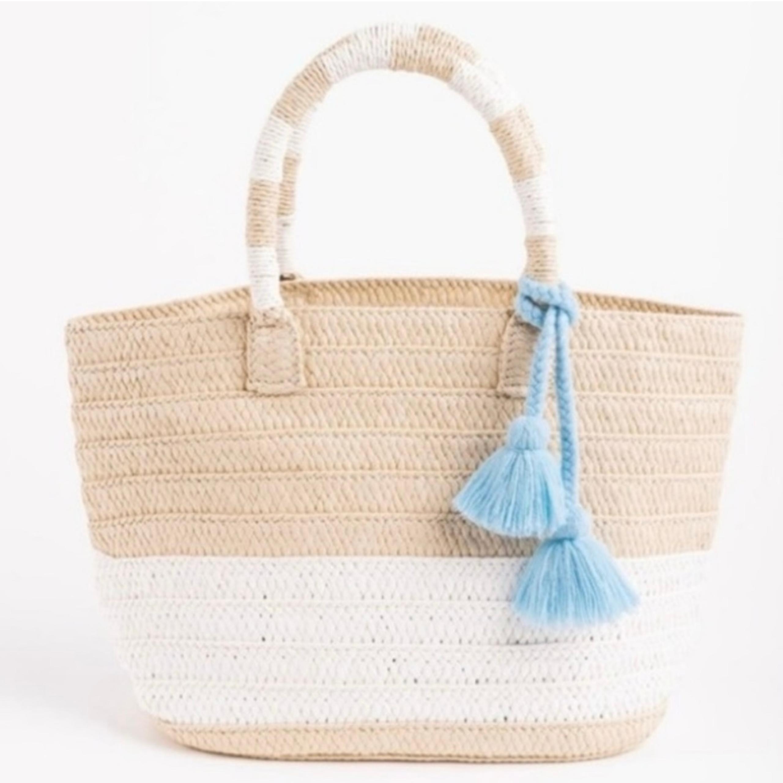 ALTRU straw tote with removable blue tassel