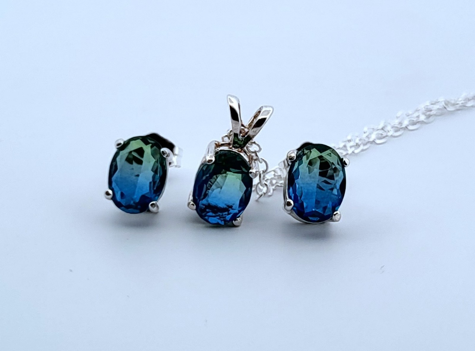 Oval Blue & Green Tourmaline Sterling Silver Earring & Necklace Set