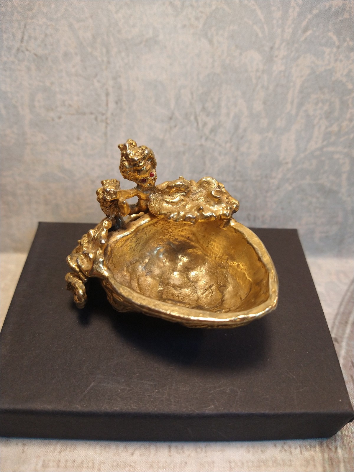 RARE Volupte Cyvra Figural Pixies Walnut Dish. Signed Hard To Find.RARE