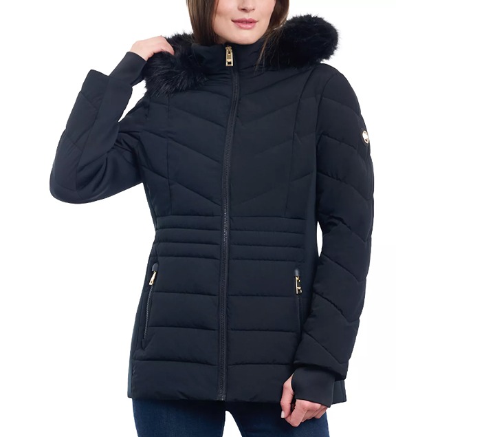 Michael Michael Kors Women's Black Chevron Faux Fur Hooded Coat