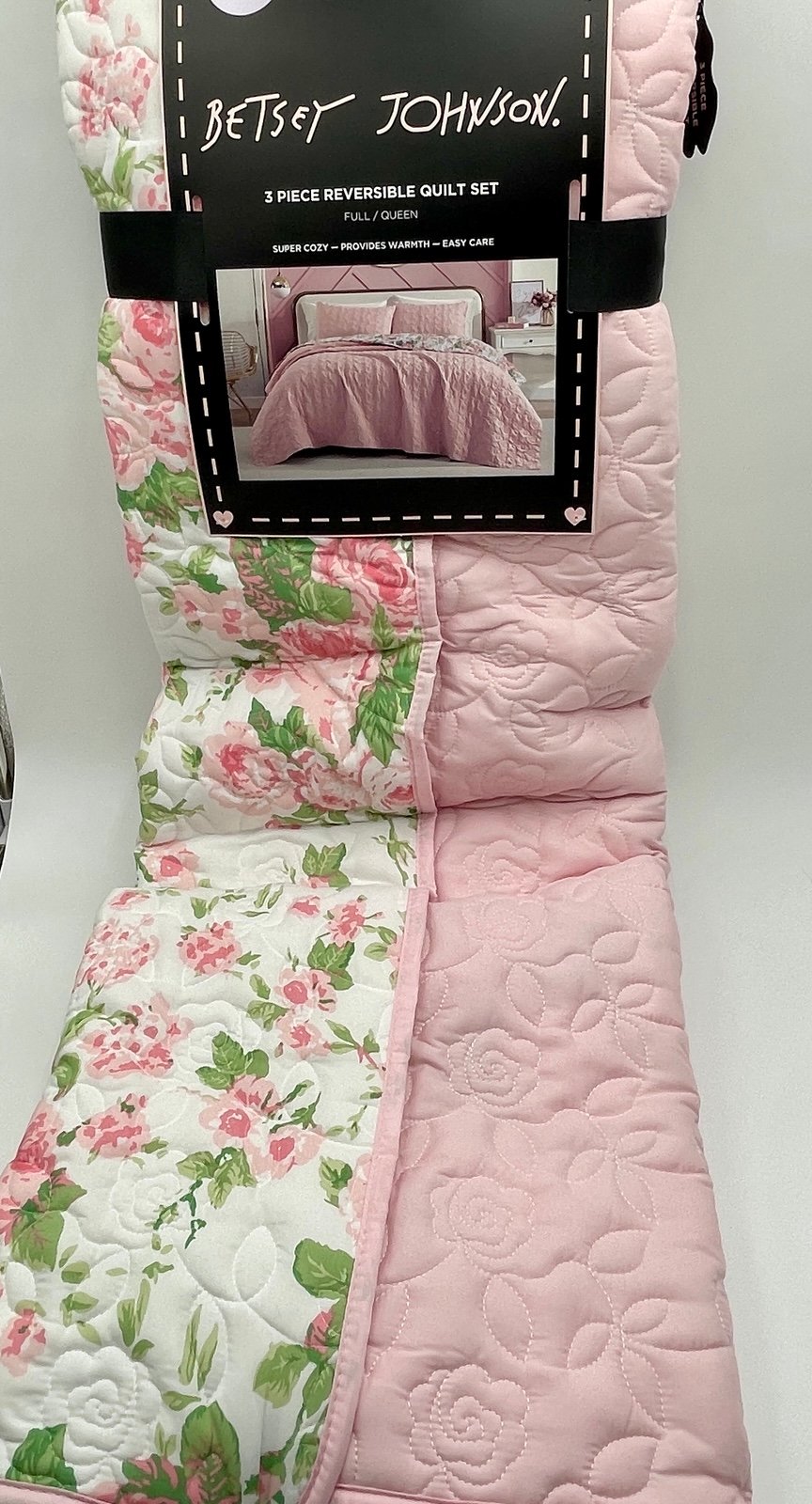 BETSEY JOHNSON Pink Vintage Floral Reversible COQUETTE Quilt 3pc Set FULL QUEEN
