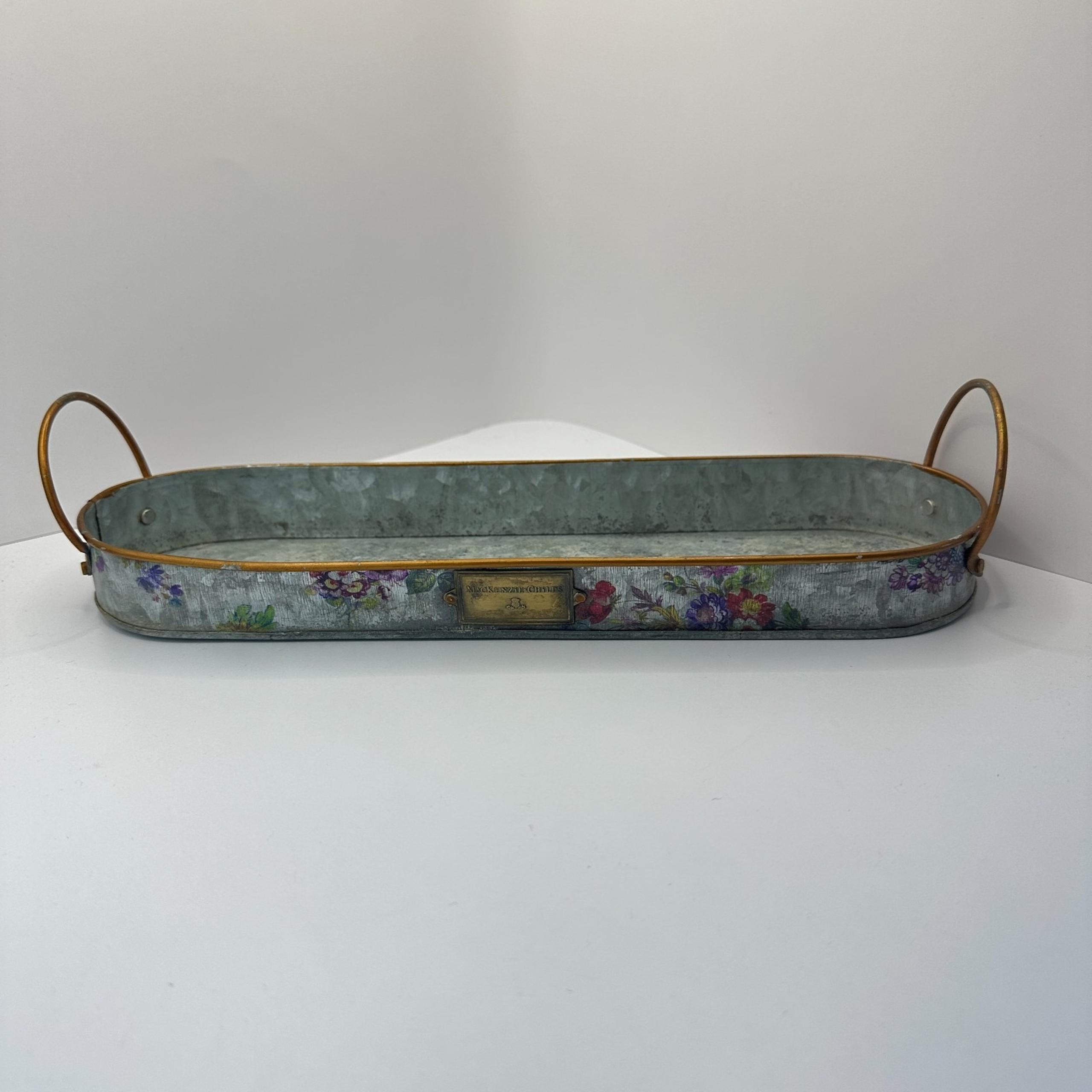 Mackenzie-Childs Flower Market Galvanized Metal Tray Antique Decor Floral Brass