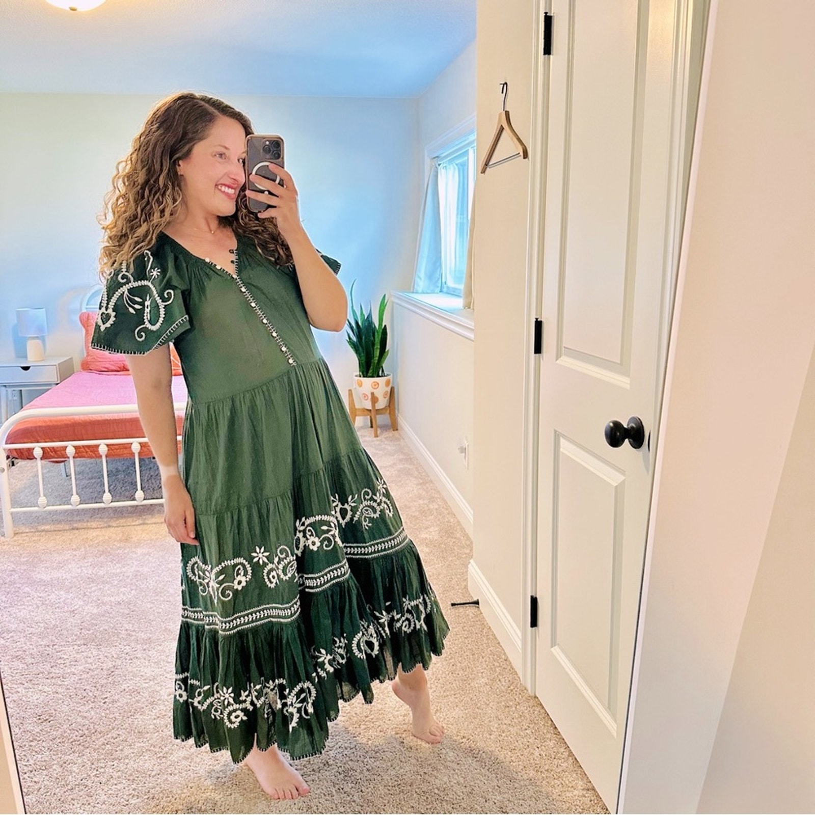 THE GREAT. Green White Floral Embroidered Maxi Dress 1 Small