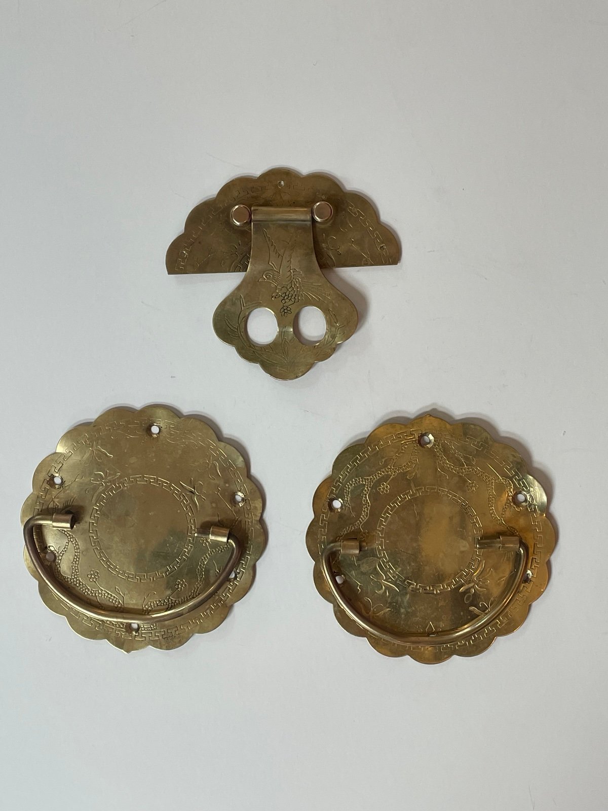 Antique 1930’s Asian Etched Brass Drawer Pulls