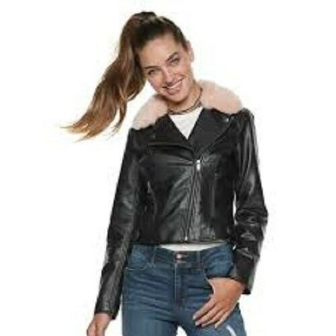 Candies Womens Black Faux Leather Motorcycle Jacket Removable Pink Fur Collar XL