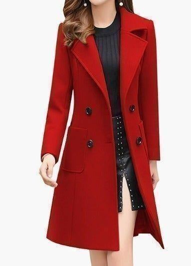 Chouyatou Notched Collar Double Breasted Wool Blend Over Coat, Size S/Red