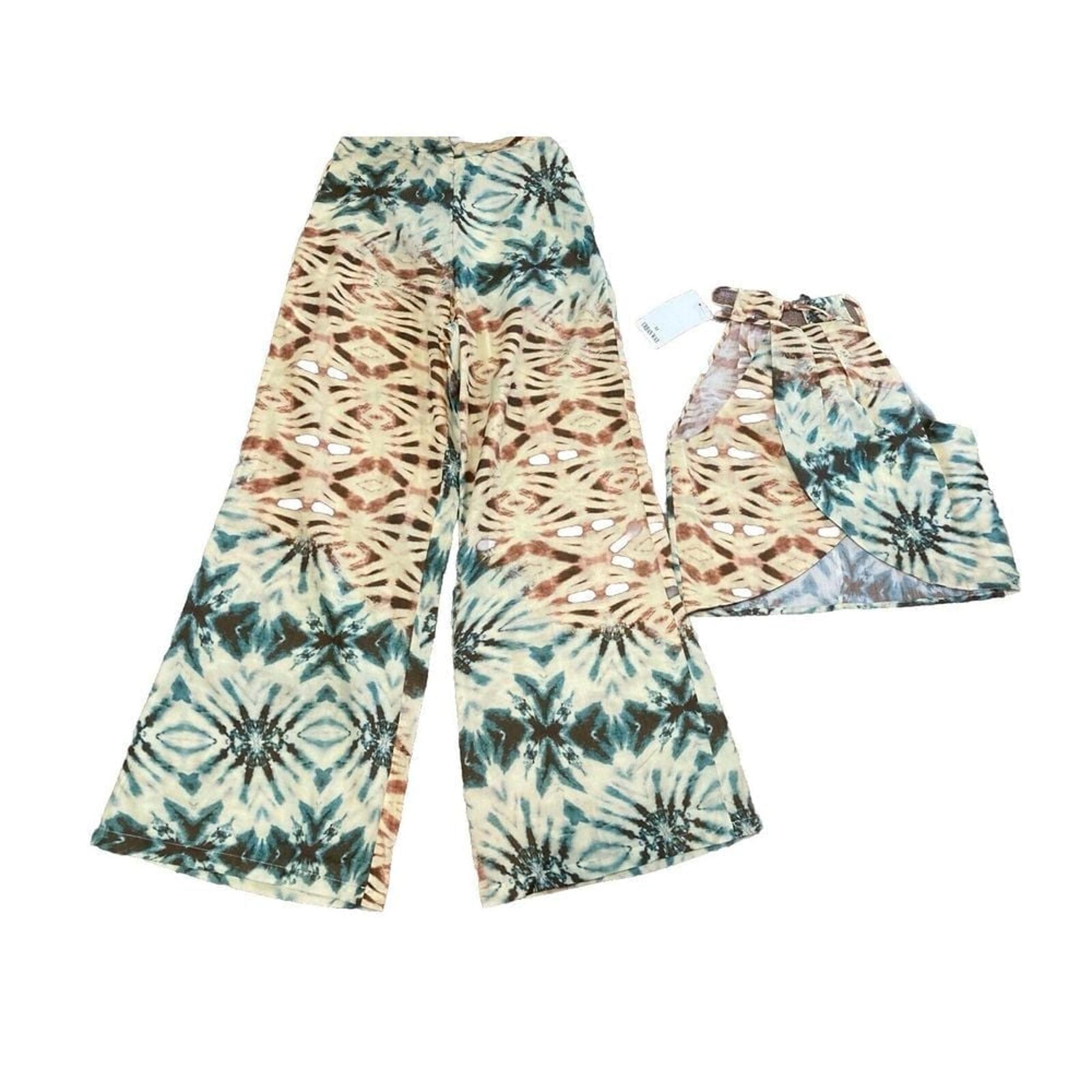 Urban Way Tye dye 2 pcs outfit pants top Green Brown Yellow Print Boho size M